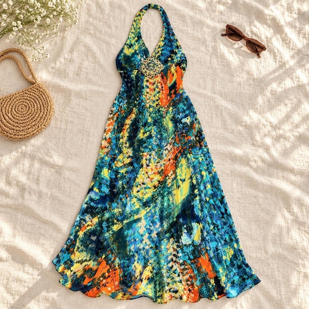Sienna Sky blue and orange abstract print halter maxi dress, size Small.